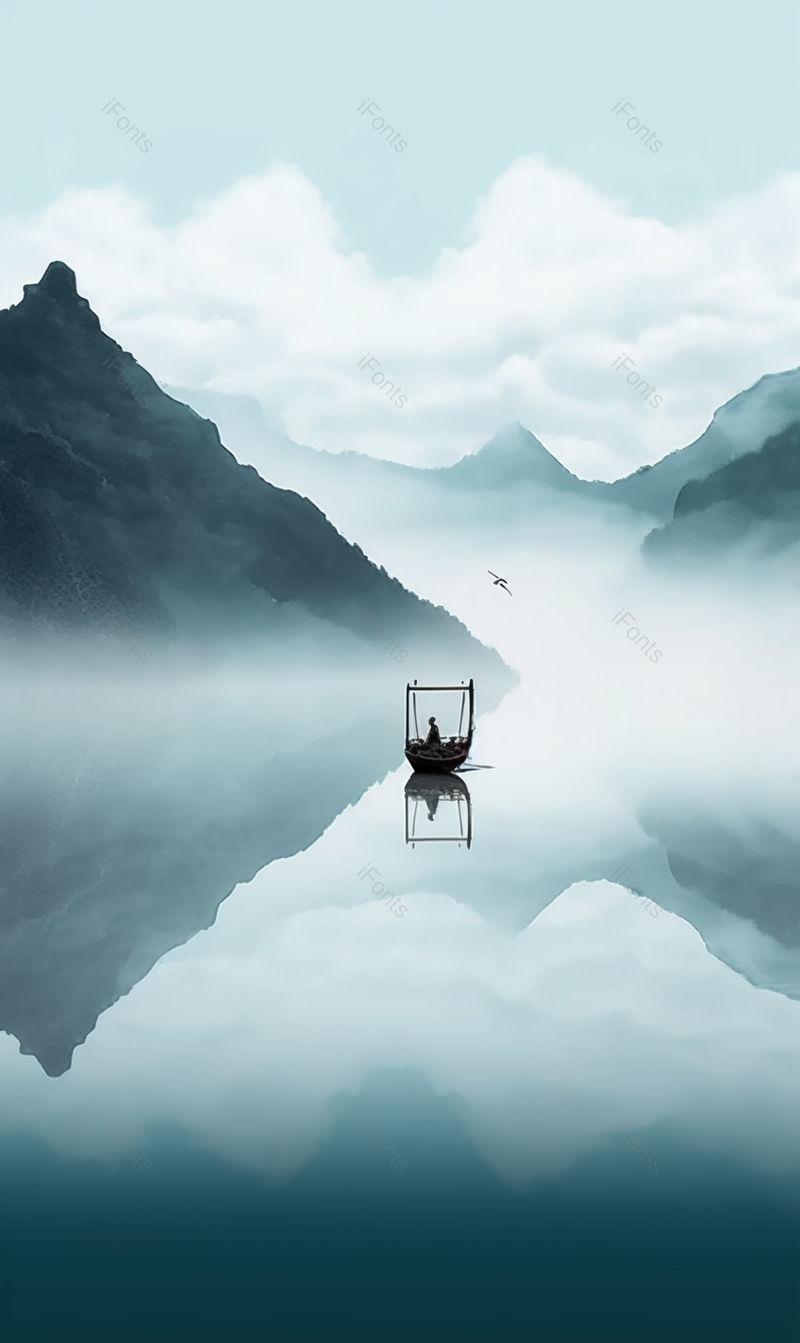 蓝色天空白云浓雾小船意境山水水面倒影,插画/手绘图,插画/手绘图库,插画/手绘图下载,插画/手绘